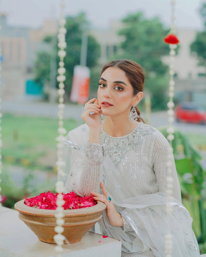 Maya Ali Luxury Grey Shirt, Pajama and Dupatta Outfit | COD | 20% OFF