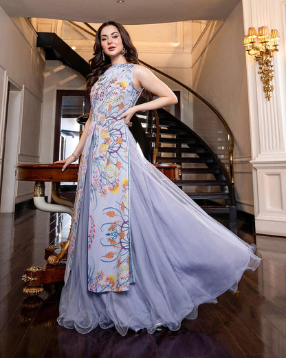 Hania Aamir - Floral Lilac Long top, Skirt and Dupatta dress | 50% OFF