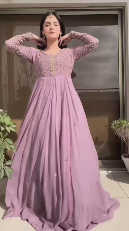 Solid Lilac Embellished Anarkali with Chocket Net -  FLAT 60% OFF