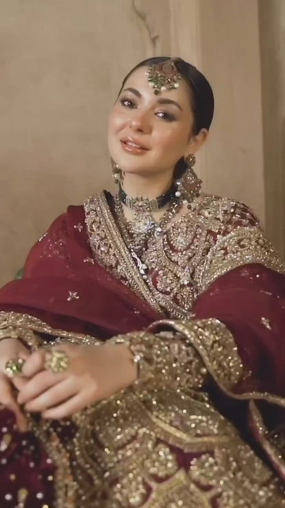 Hania Aamir Maroon Bridal Gown | 75% OFF