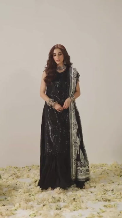 Maya Ali - Black Khaddar Long Shirt, Trouser and Dupatta Dress | Stitched  | 50% OFF