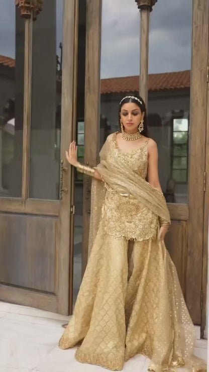 Anmol Baloch - Embellished Golden Ghagra Shirt 3pc | 70% OFF