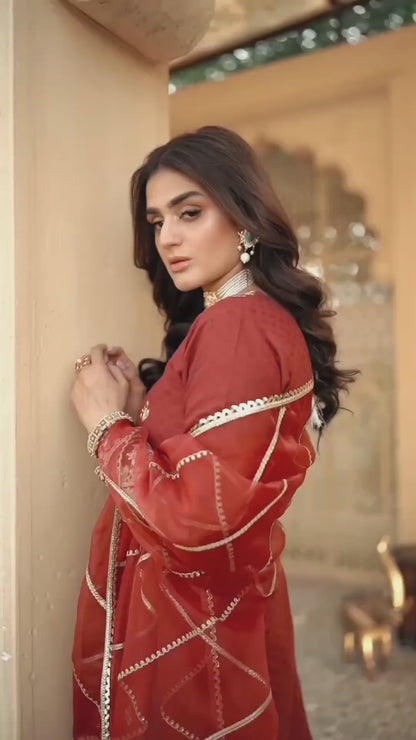 Hira Mani - Embroidered Rose Red Shirt, Ghagra and Dupatta Set  | 42% OFF