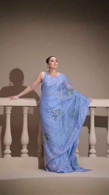 Hania Aamir - Bonnie Blue Embellished Organza Saree | 70% OFF