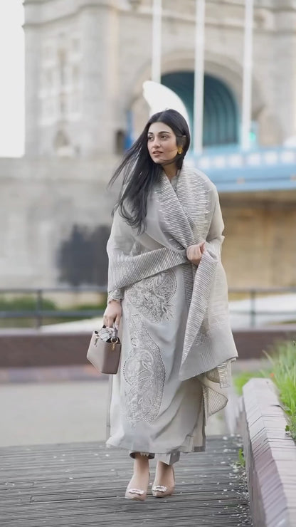 Sarah Khan - Cloe Grey Long Shirt, Trouser and Dupatta | 60% OFF