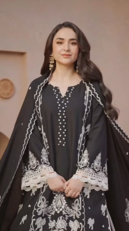 Yumna Zaidi - Black Raw Long Shirt, Trouser and Duaptta set | 50% OFF