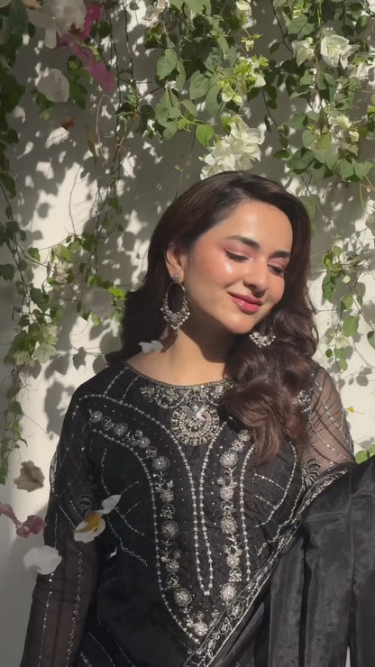 Yumna Zaidi - Black Raw Long Shirt, Ghagra and Duaptta | 50% OFF