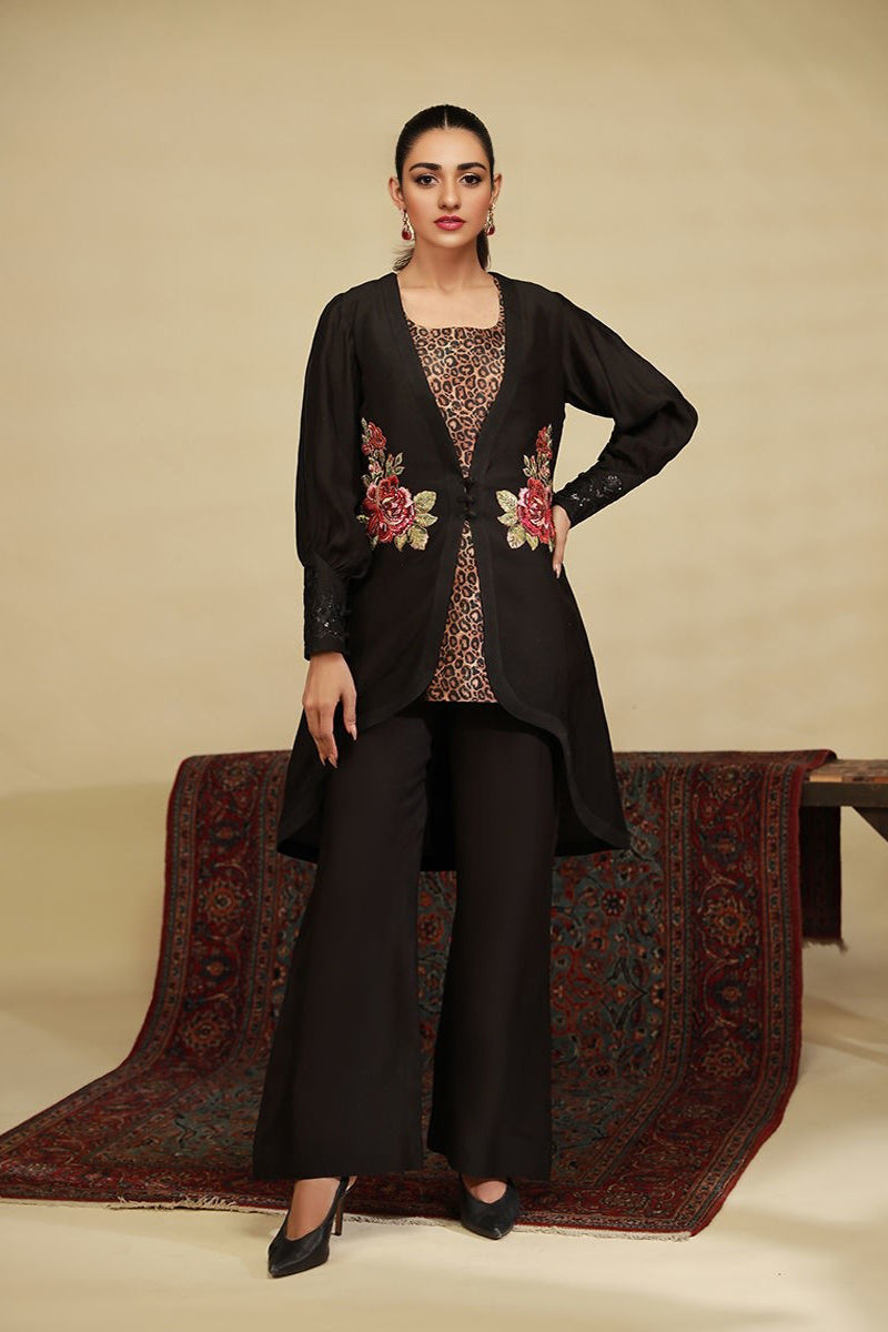 Sarah Khan - Black Silk Cheetah Set | 65% OFF