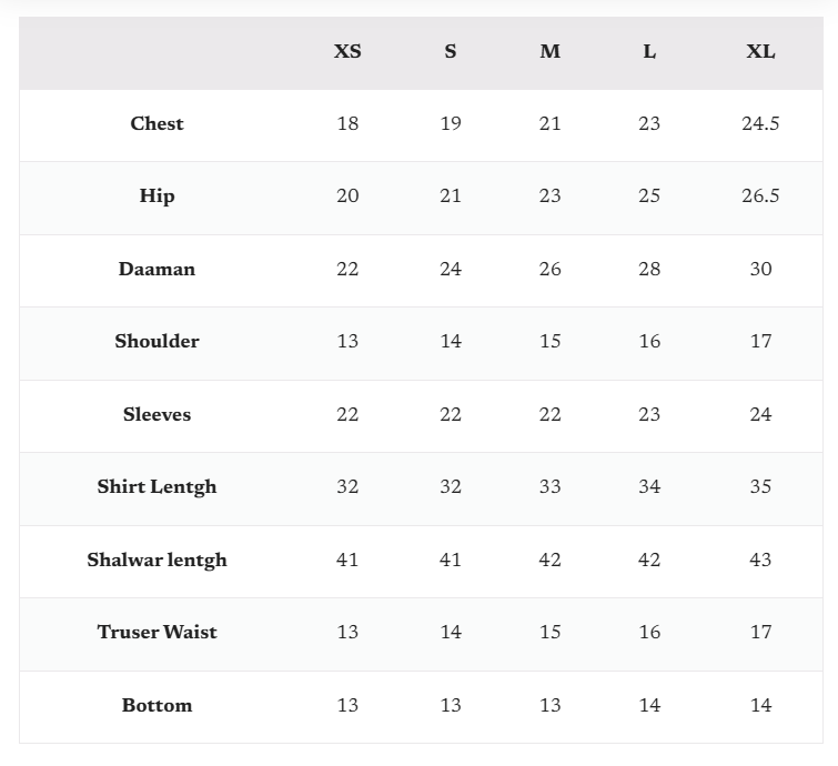 Sajal Ali White Dress Measurement chart for shirts with size labels from XS to XL