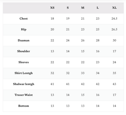 Sajal Ali White Dress Measurement chart for shirts with size labels from XS to XL