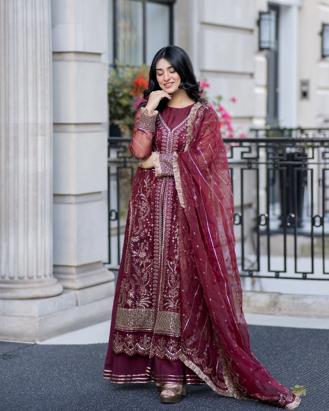 Sarah Khan - Maroon Long Shirt, Trouser and Duaptta set | 60% OFF