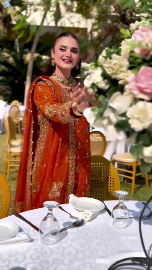 Hira Mani - Embroidered Rose Orange Long Shirt, Trouser and dupatta set | 60% OFF