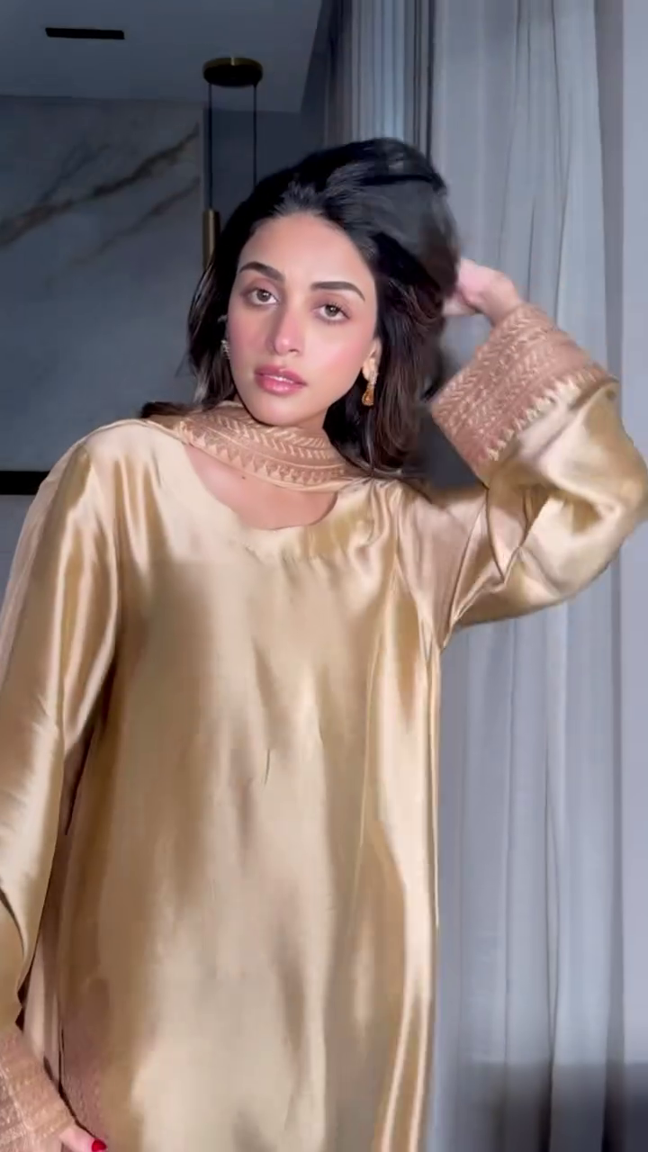 Anmol Baloch Beige Silk Luxury Shirt, Trouser and Dupatta - 50% OFF | Reshmi Shirt | COD