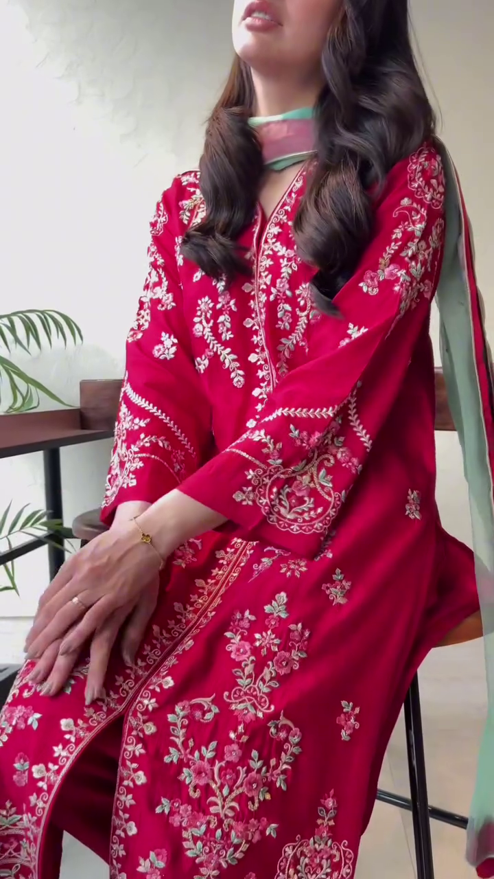 Wajeha Khan - Embroidered Silk Shirt,Trouser and Dupatta | 50% OFF